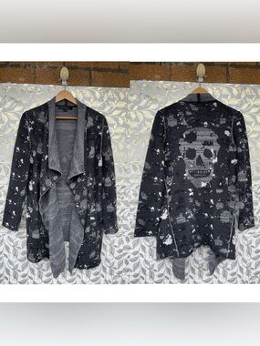SKULL CASHMERE Black Distressed Skull Cardigan Cotton Blend Goth Grungecore S